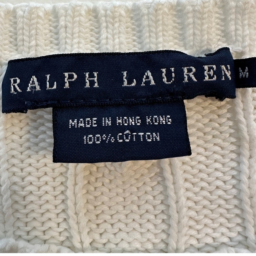 Ralph Lauren White Cable Knit Crewneck Sweater with Blue Pony - Picture 10 of 12